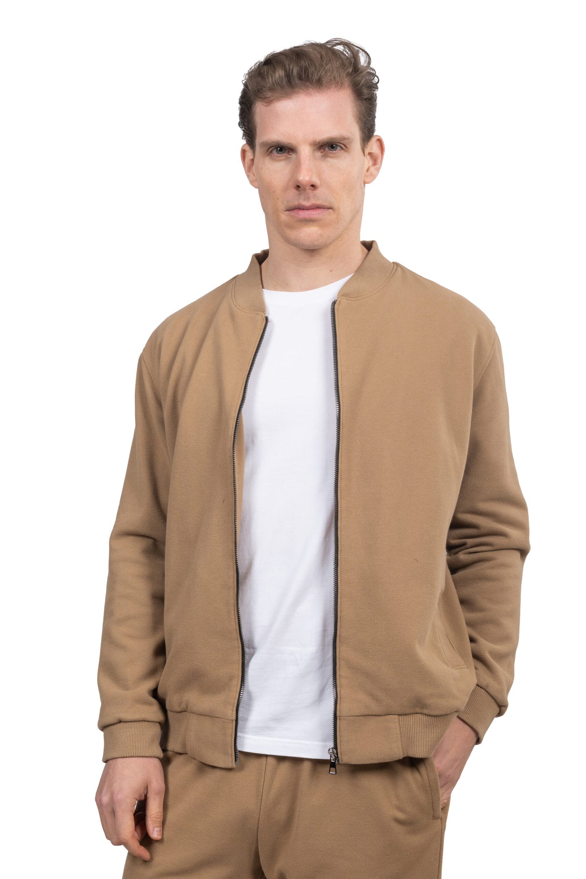 Relaxed Fit Melton Pique Full-Zip Sweatshirt – Beige