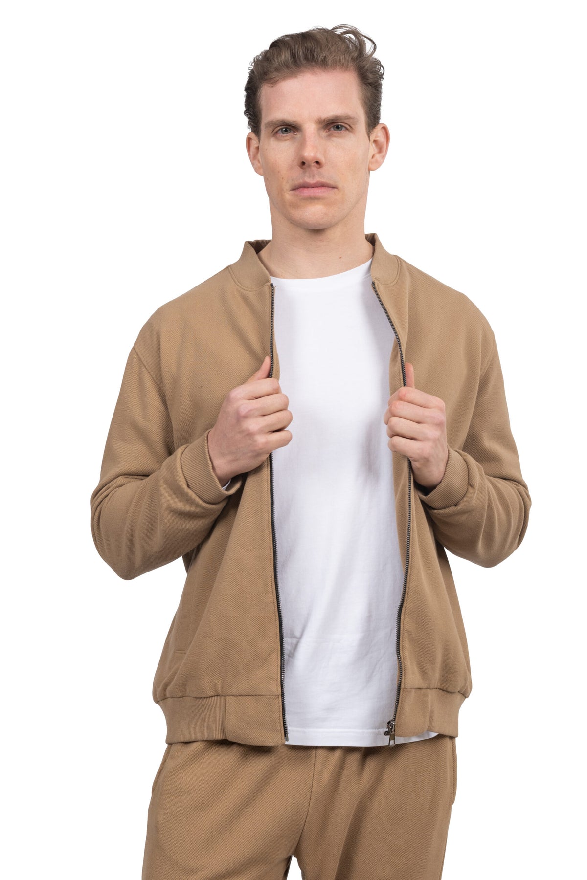 Relaxed Fit Melton Pique Full-Zip Sweatshirt – Beige