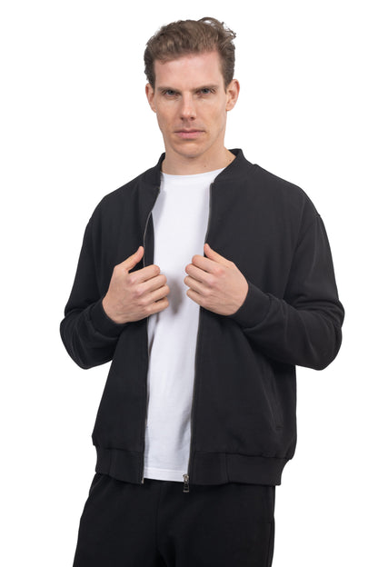 Relaxed Fit Melton Pique Full-Zip Sweatshirt – Black