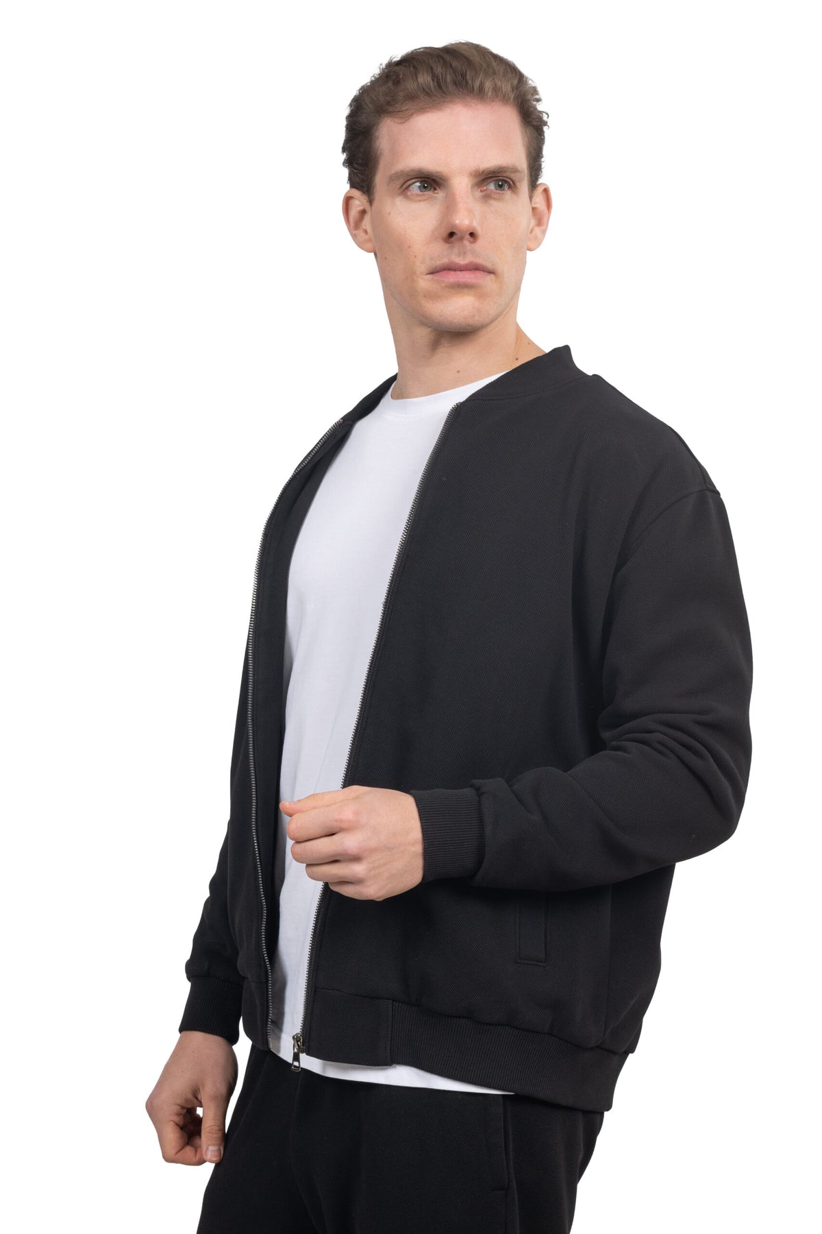 Relaxed Fit Melton Pique Full-Zip Sweatshirt – Black
