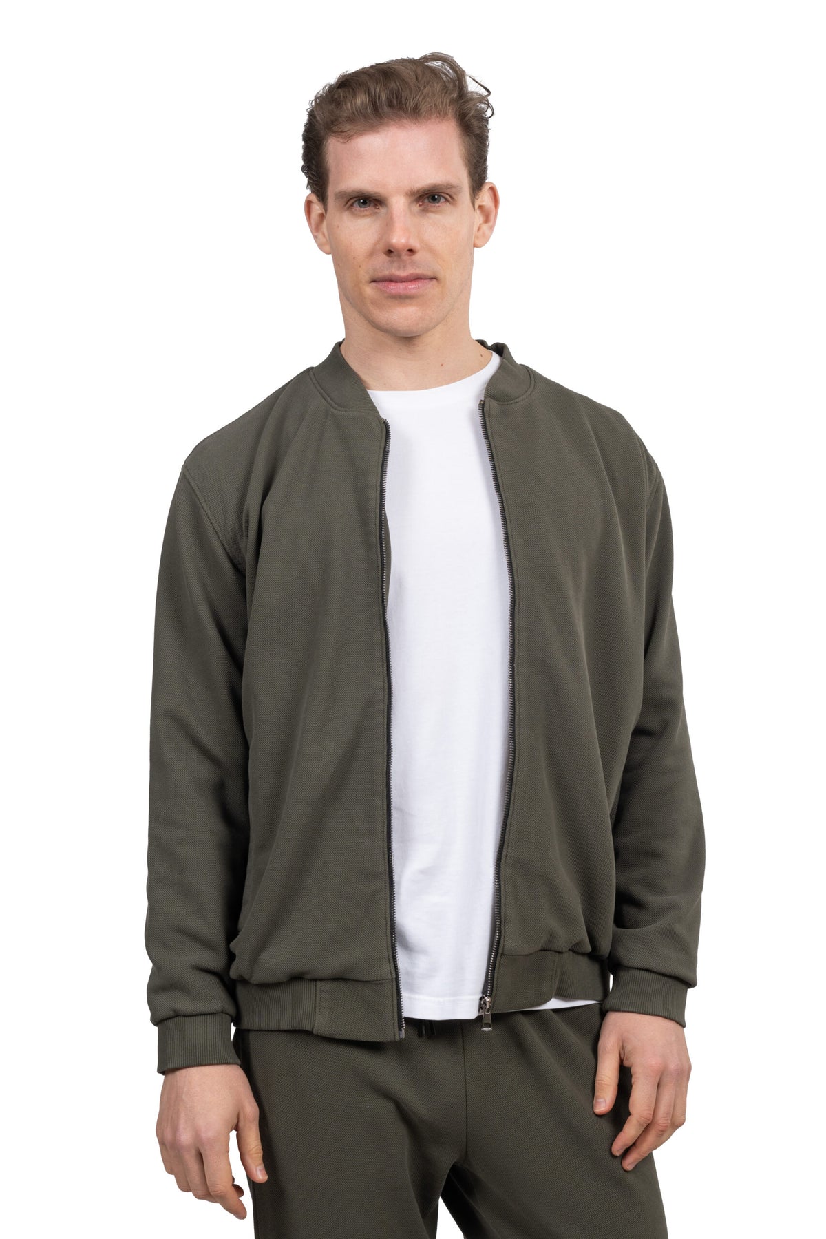Relaxed Fit Melton Pique Full-Zip Sweatshirt – Dark Green