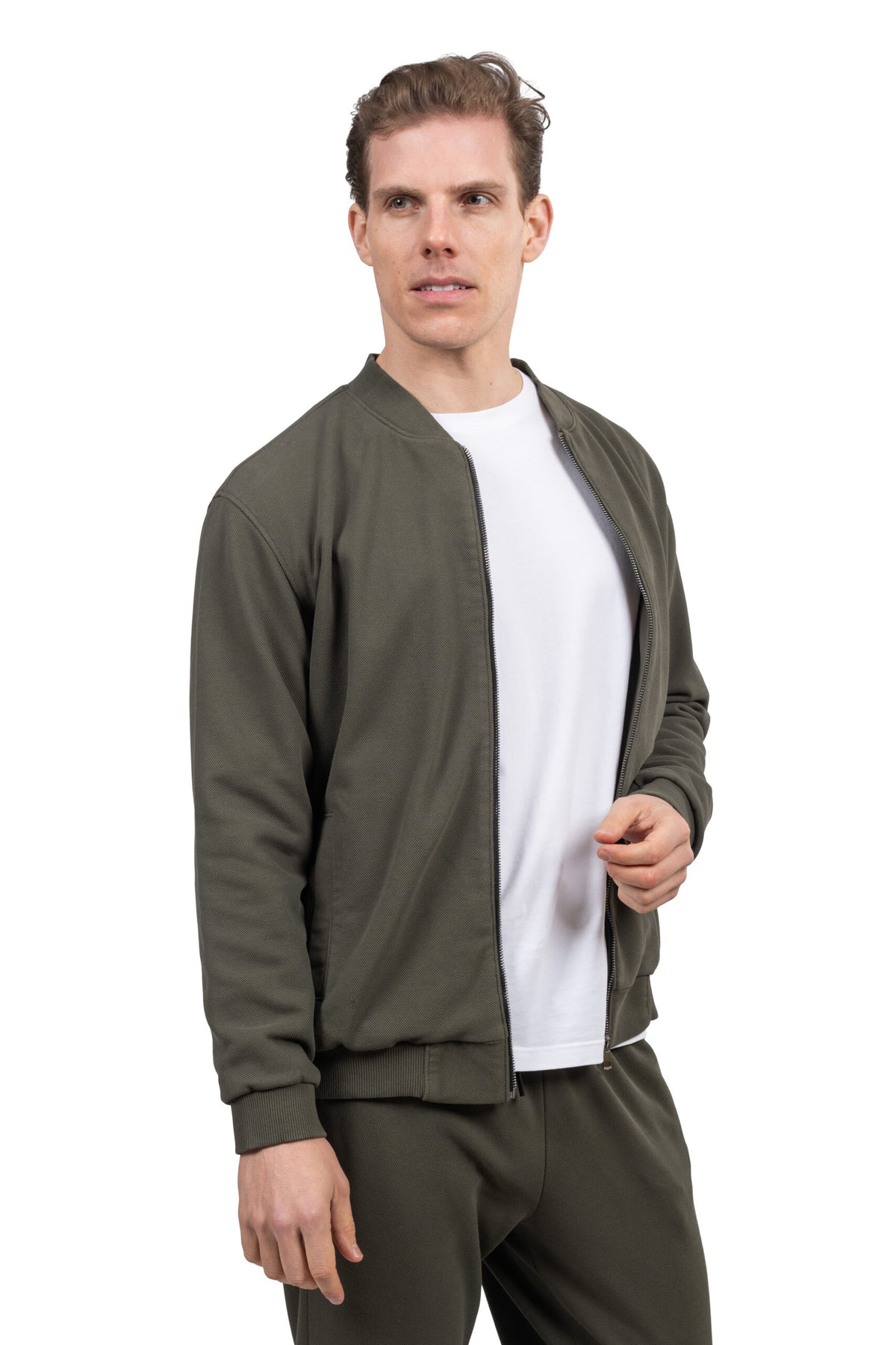 Relaxed Fit Melton Pique Full-Zip Sweatshirt – Dark Green
