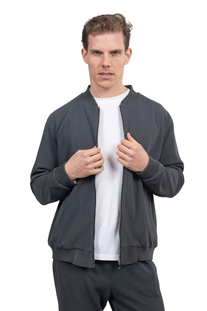 Relaxed Fit Melton Pique Full-Zip Sweatshirt – Grey