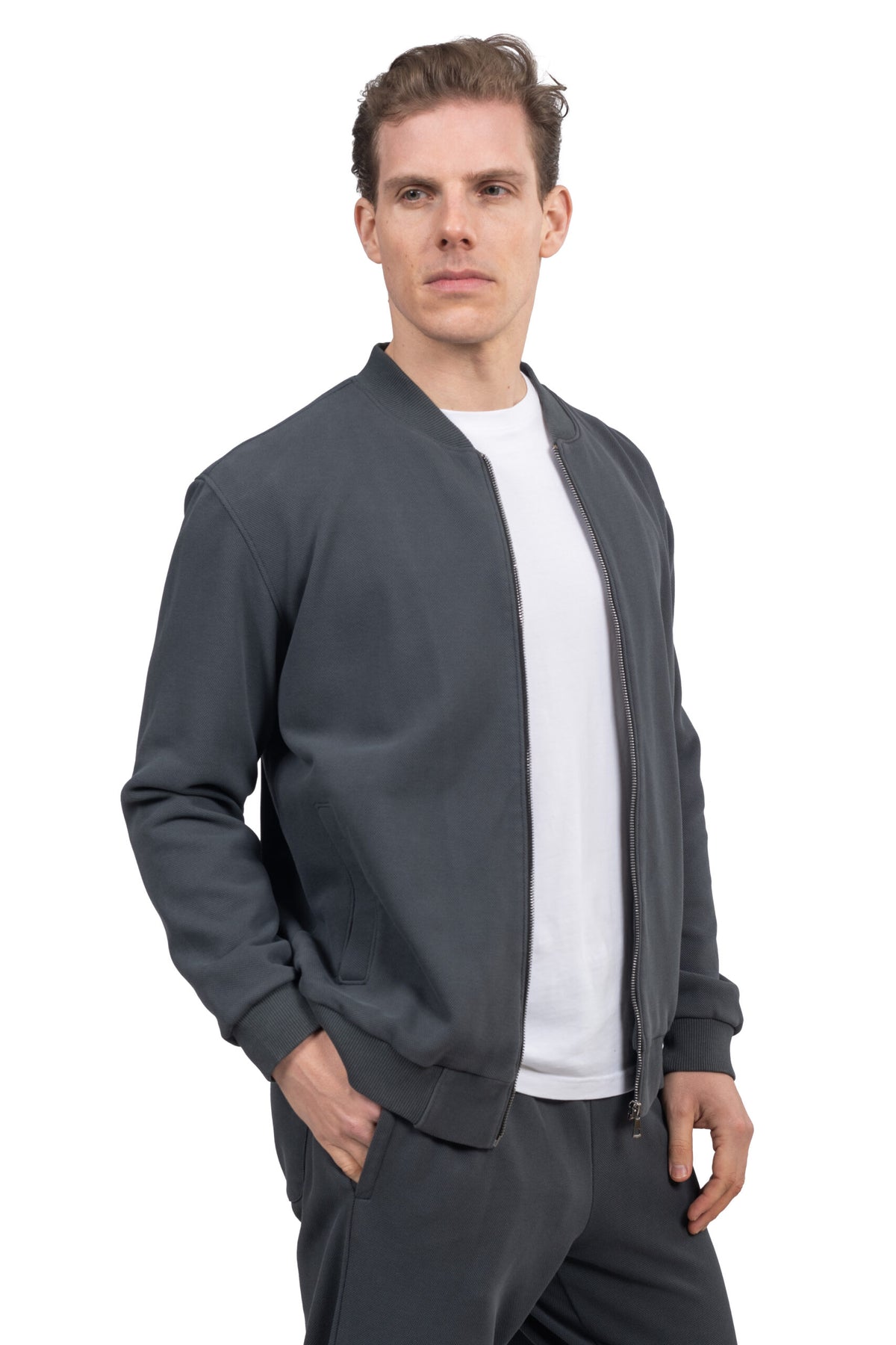 Relaxed Fit Melton Pique Full-Zip Sweatshirt – Grey