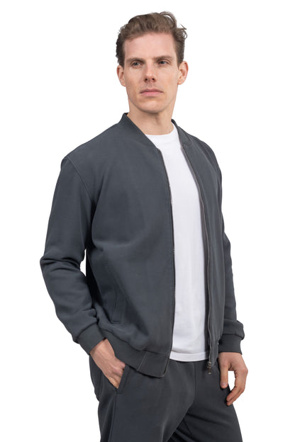 Relaxed Fit Melton Pique Full-Zip Sweatshirt – Grey