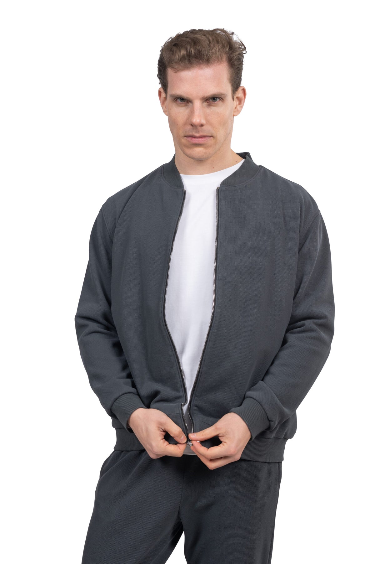 Relaxed Fit Melton Pique Full-Zip Sweatshirt – Grey