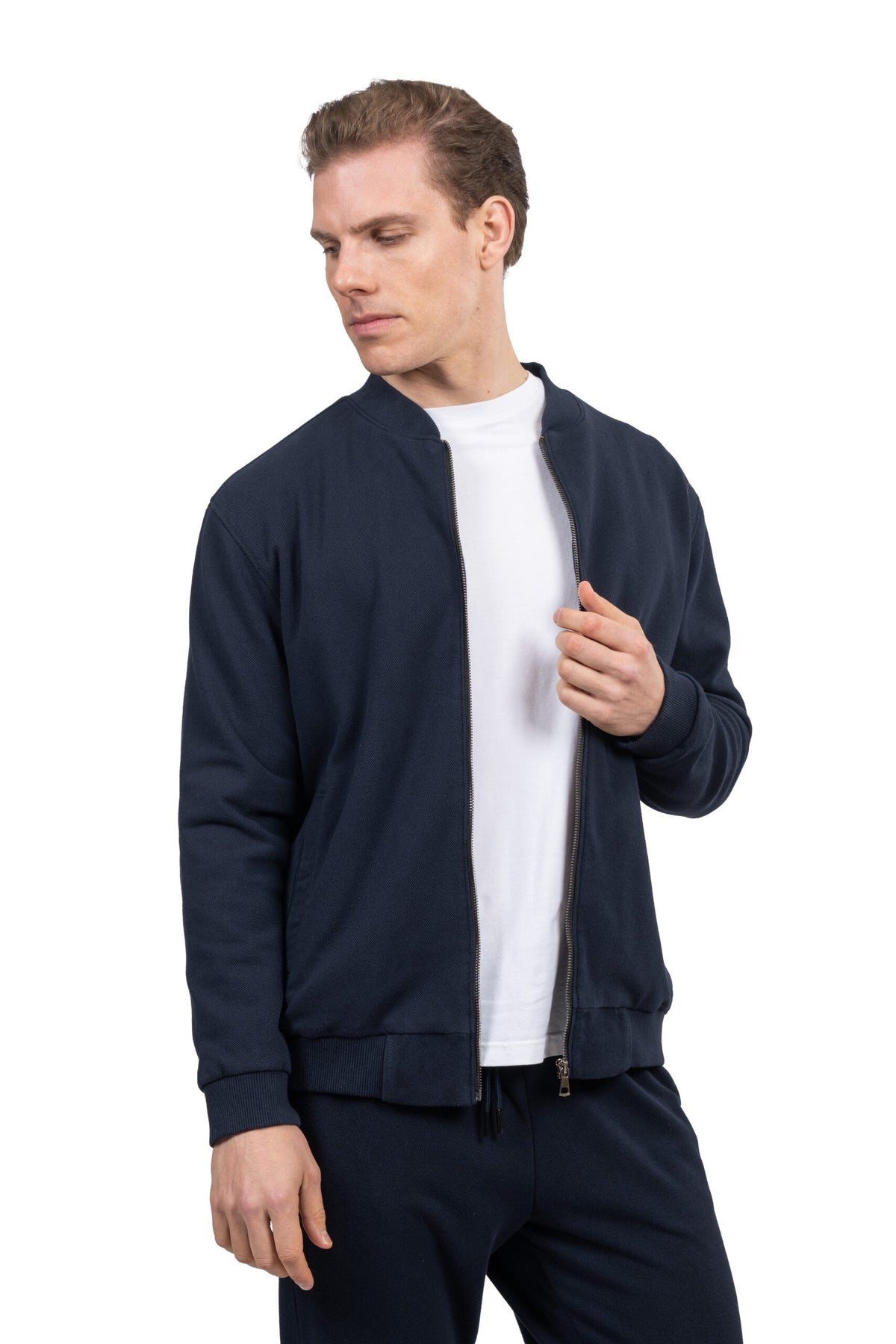 Relaxed Fit Melton Pique Full-Zip Sweatshirt – Navy