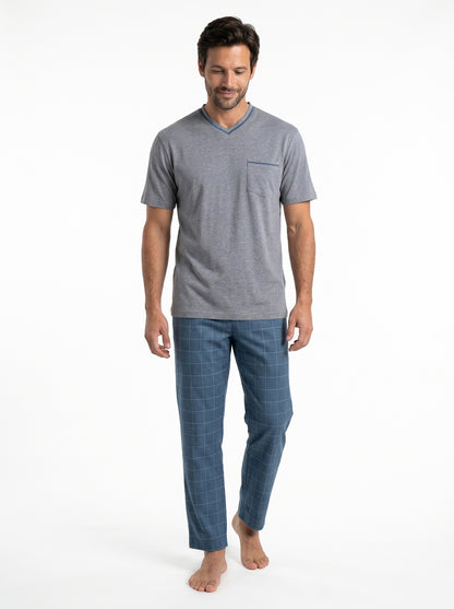Short Sleeved Pajama with Checkered Bottoms Set – Grey