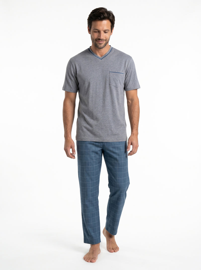Short Sleeved Pajama with Checkered Bottoms Set – Grey