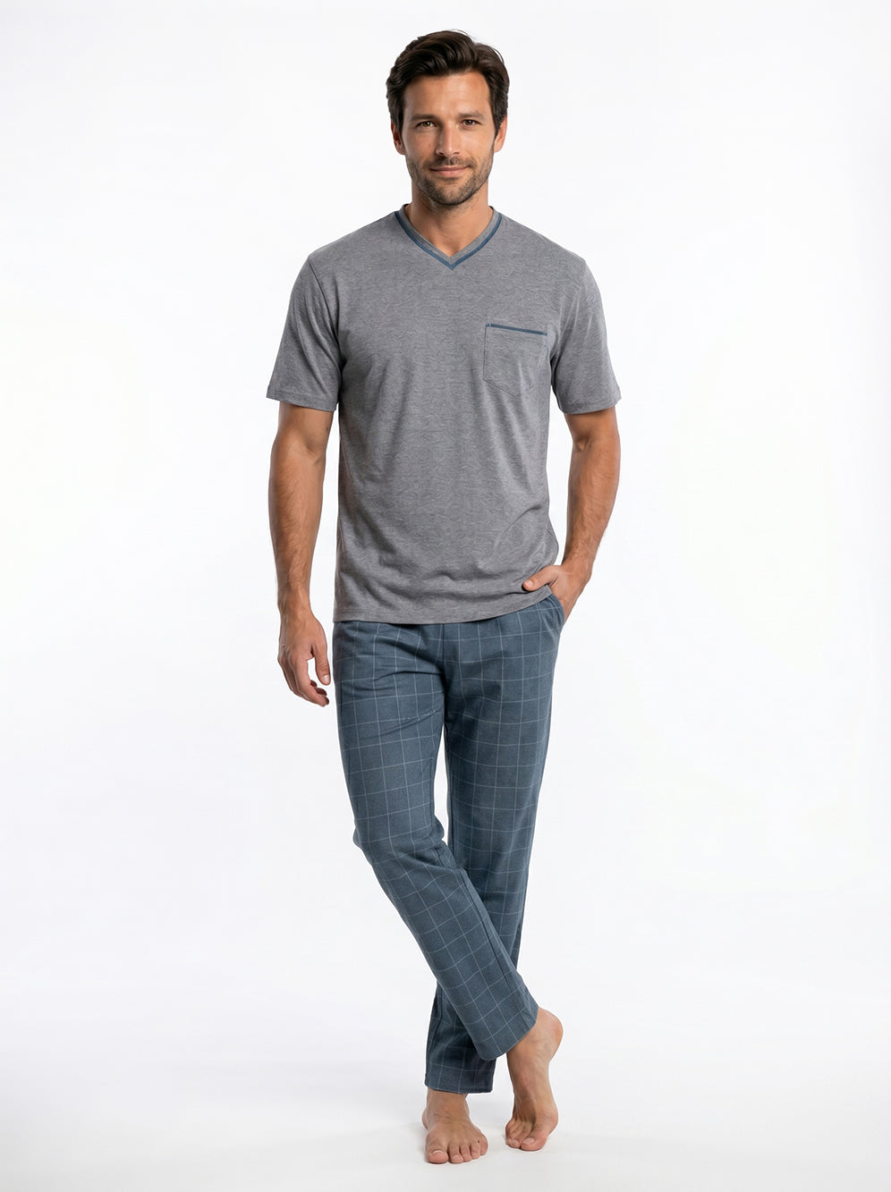 Short Sleeved Pajama with Checkered Bottoms Set – Grey