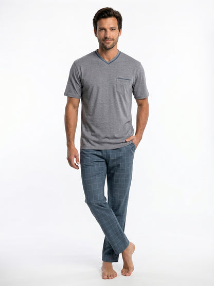 Short Sleeved Pajama with Checkered Bottoms Set – Grey