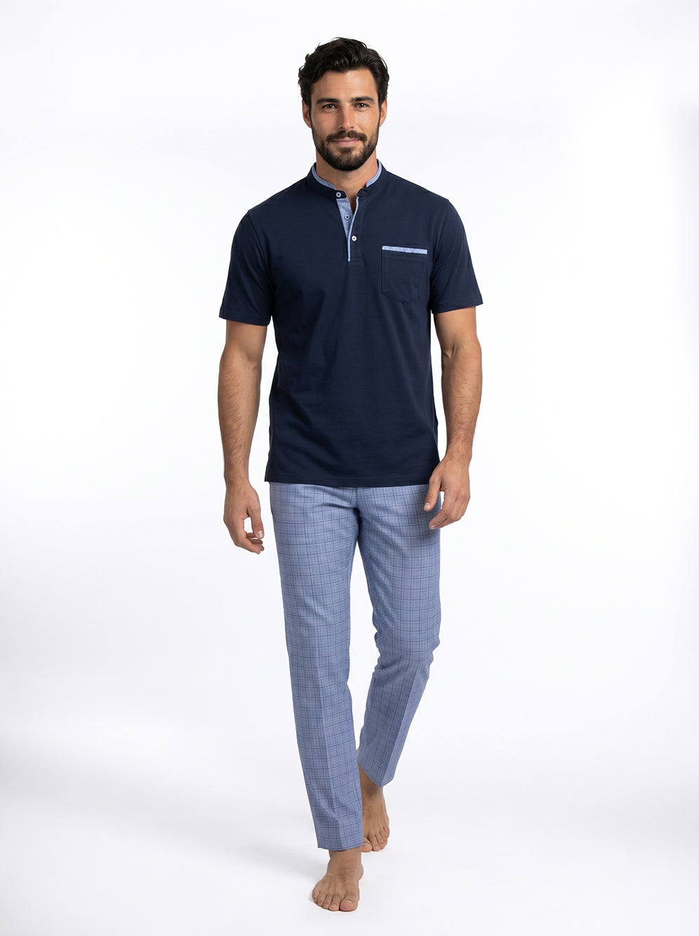 Short Sleeved Pajama with Checkered Bottoms Set – Navy