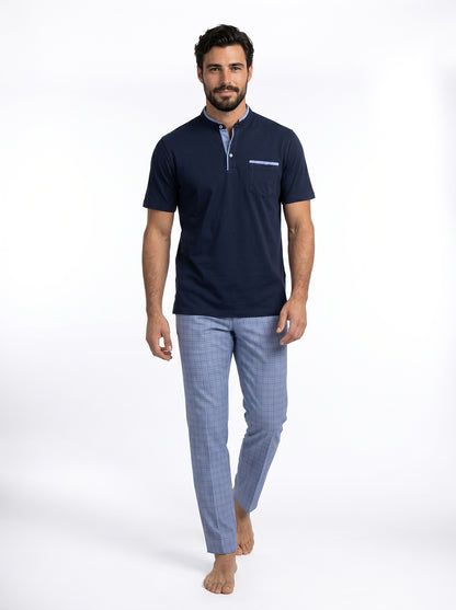 Short Sleeved Pajama with Checkered Bottoms Set – Navy