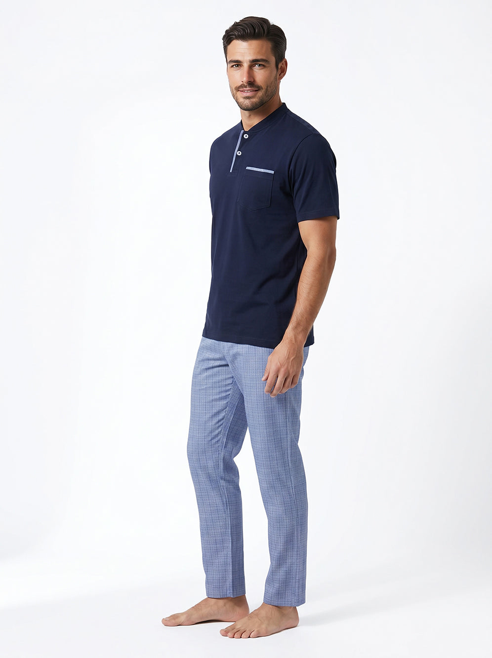Short Sleeved Pajama with Checkered Bottoms Set – Navy