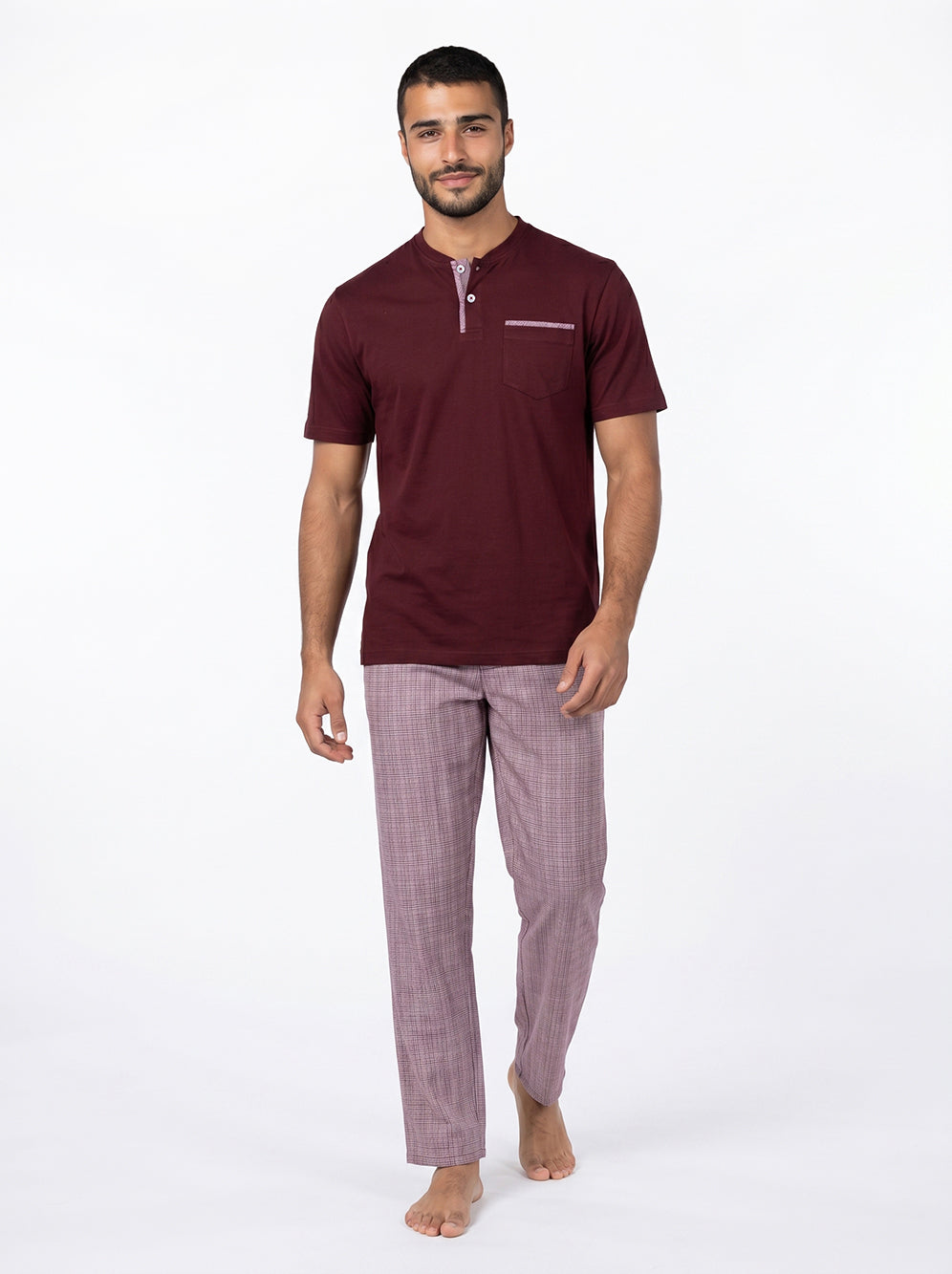 Short Sleeved Pajama with Checkered Bottoms Set – Burgundy
