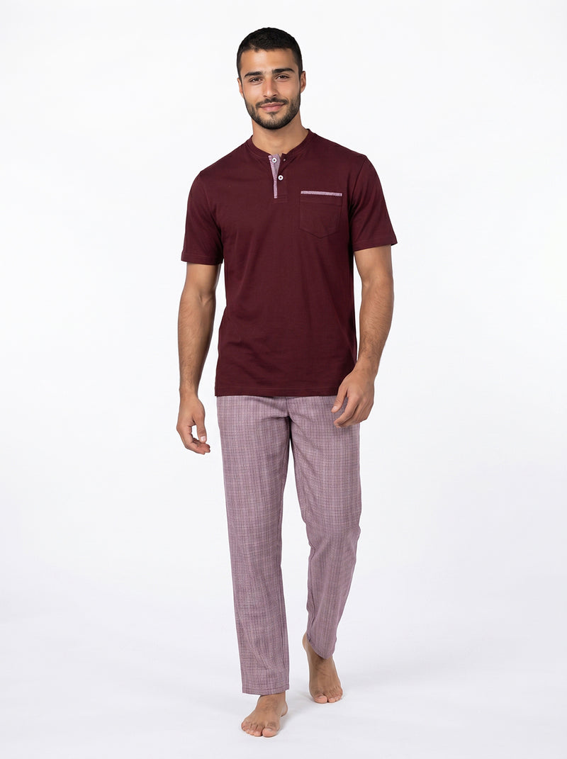 Short Sleeved Pajama with Checkered Bottoms Set – Burgundy