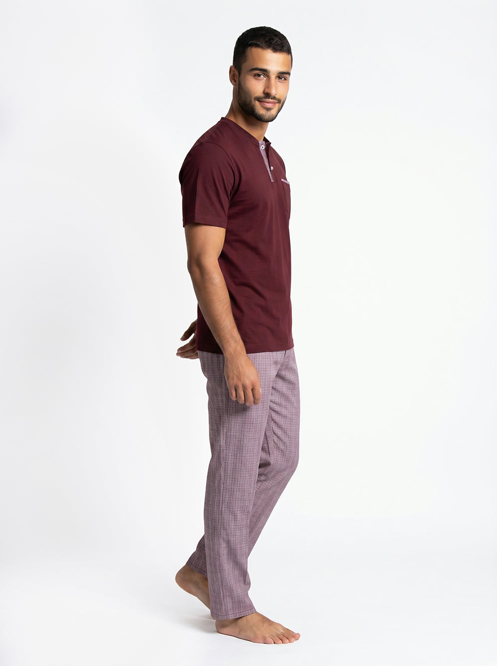 Short Sleeved Pajama with Checkered Bottoms Set – Burgundy