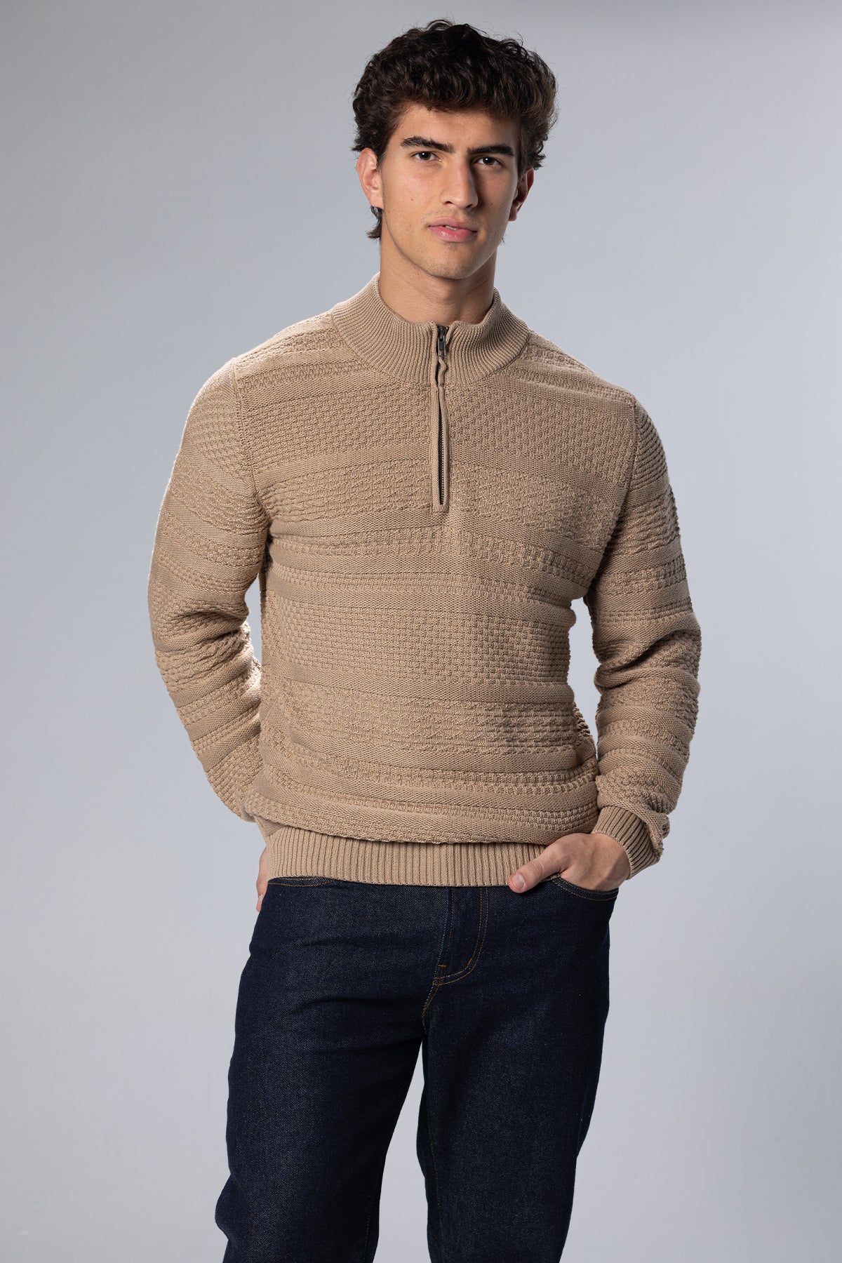 Patterned Cotton Half-Zip Pullover – Beige – Beige – image 1