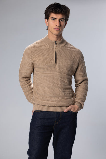 Patterned Cotton Half-Zip Pullover – Beige – Beige – image 1