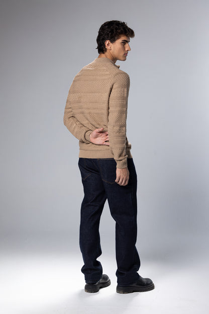 Patterned Cotton Half-Zip Pullover – Beige – Beige – image 2