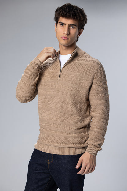 Patterned Cotton Half-Zip Pullover – Beige – Beige – image 3