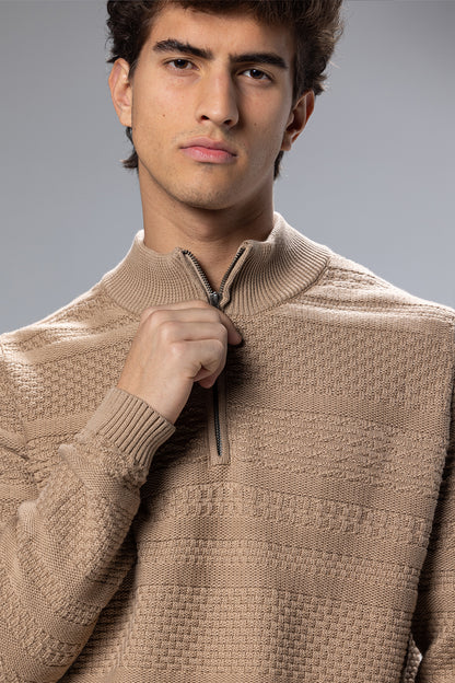 Patterned Cotton Half-Zip Pullover – Beige – Beige – image 4