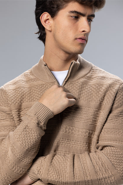 Patterned Cotton Half-Zip Pullover – Beige – Beige – image 5