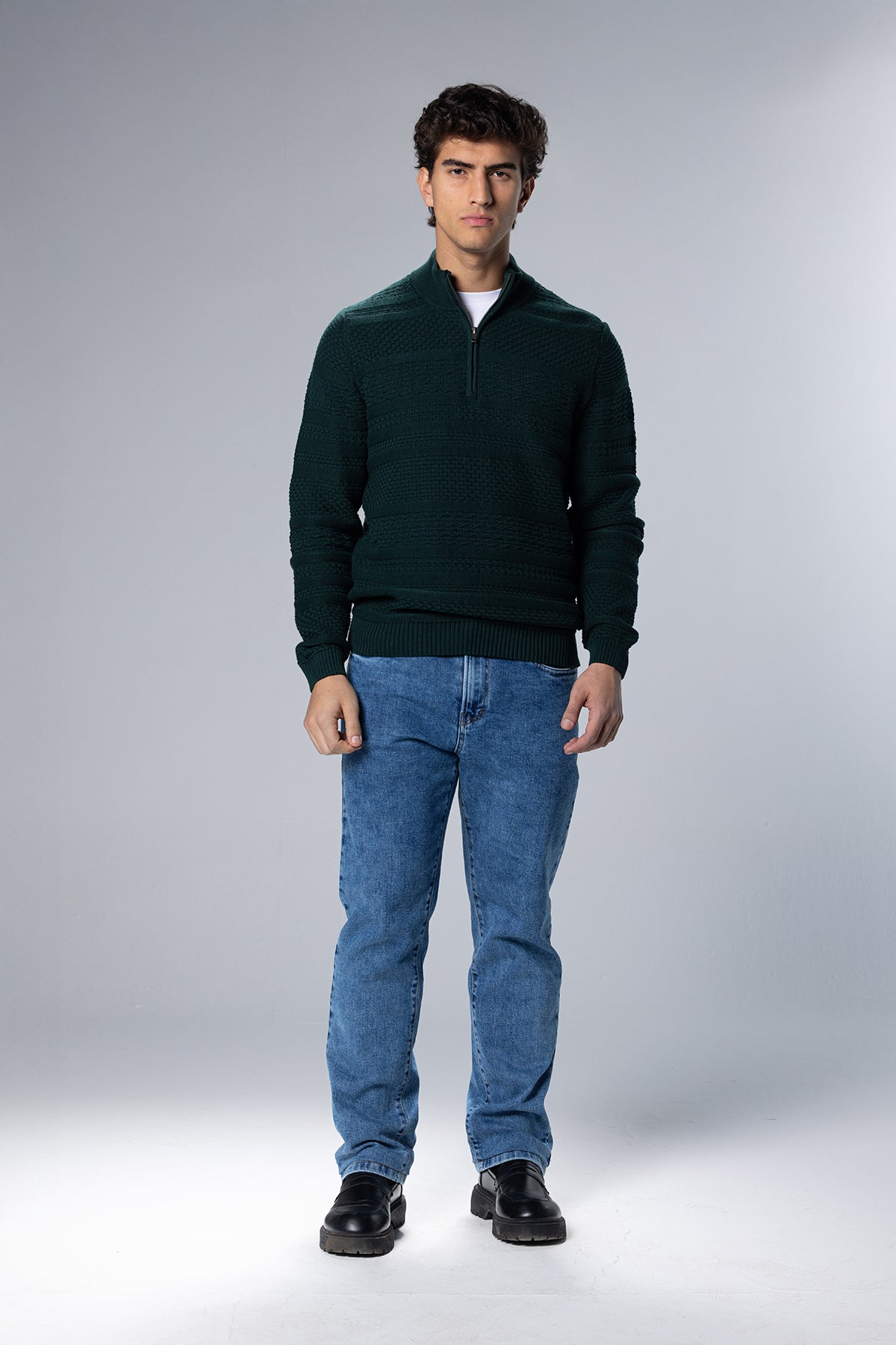 Patterned Cotton Half-Zip Pullover – Dark Green – Dark Green – image 1