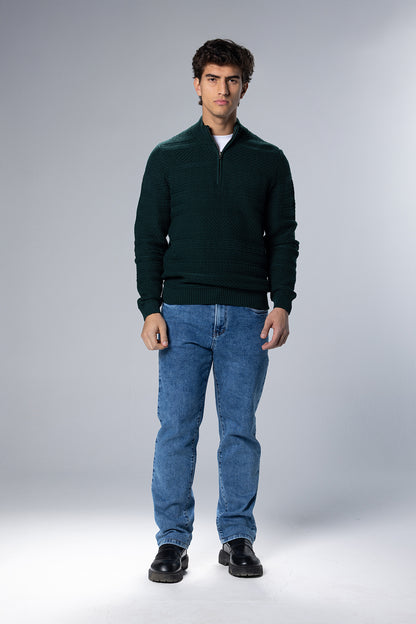 Patterned Cotton Half-Zip Pullover – Dark Green – Dark Green – image 1