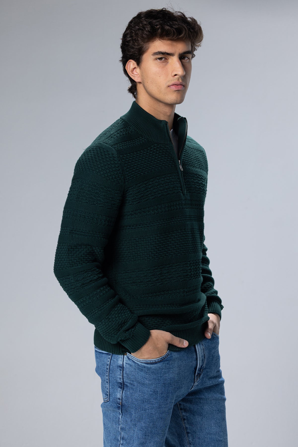 Patterned Cotton Half-Zip Pullover – Dark Green – Dark Green – image 2