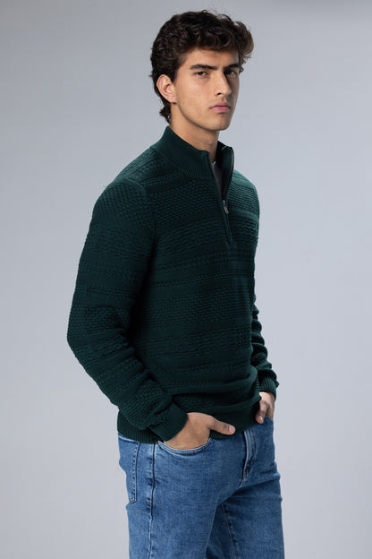 Patterned Cotton Half-Zip Pullover – Dark Green – Dark Green – image 2