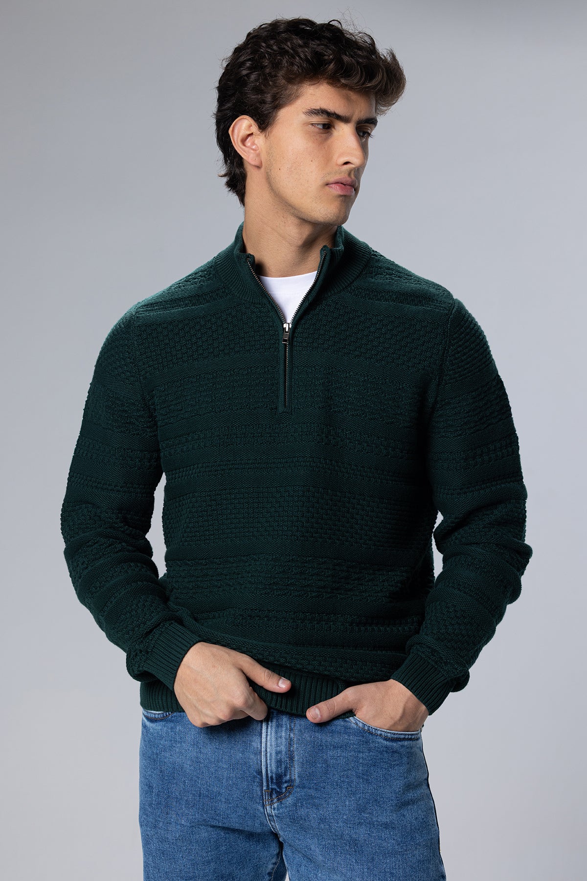 Patterned Cotton Half-Zip Pullover – Dark Green – Dark Green – image 3