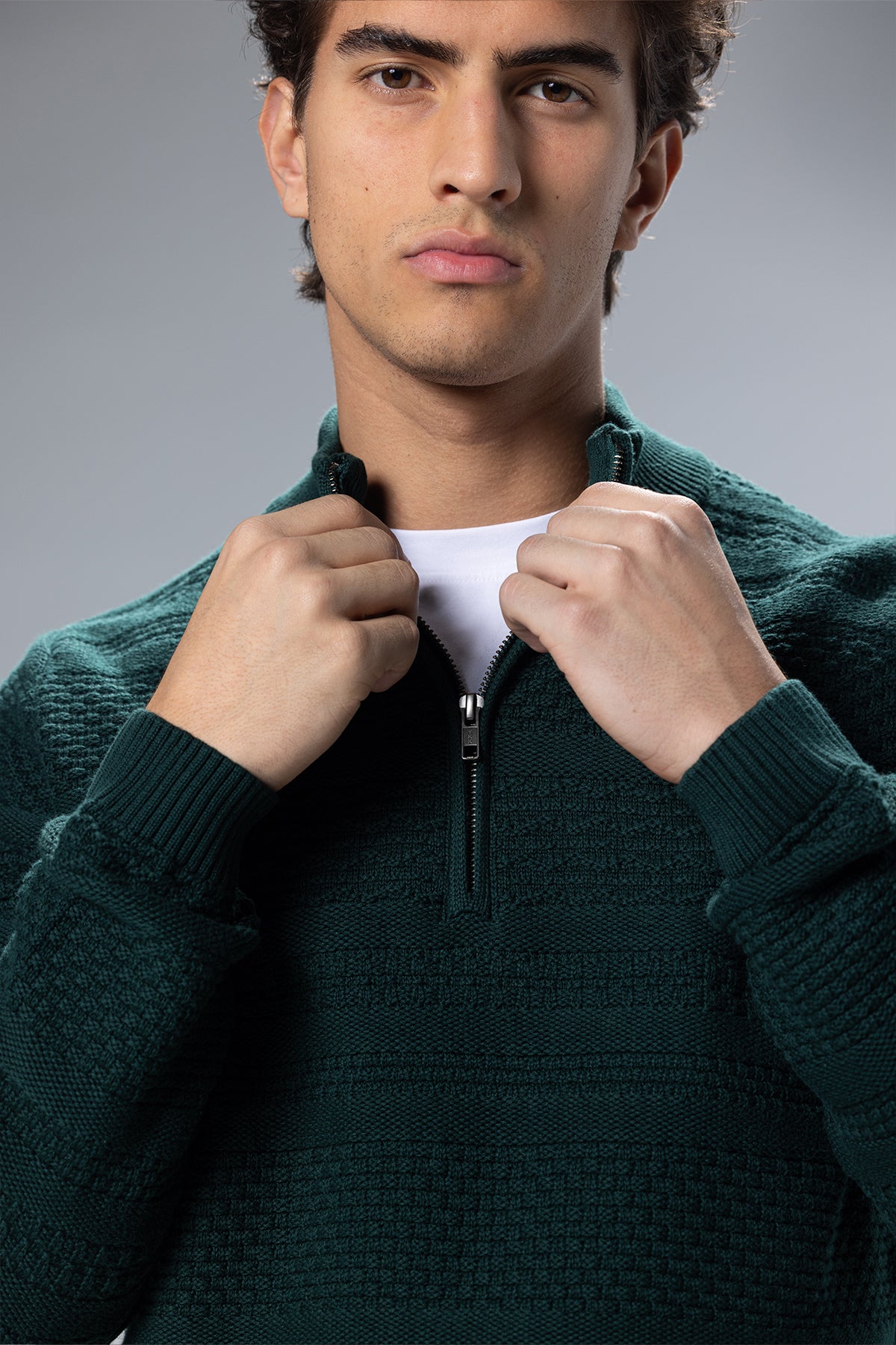 Patterned Cotton Half-Zip Pullover – Dark Green – Dark Green – image 4