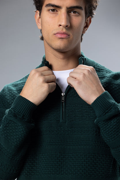 Patterned Cotton Half-Zip Pullover – Dark Green – Dark Green – image 4