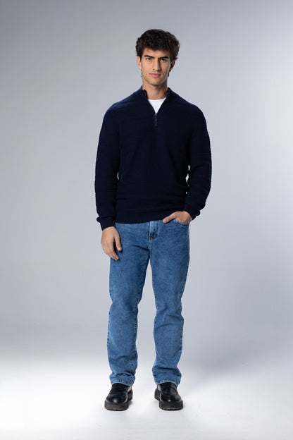 Patterned Cotton Half-Zip Pullover – Navy – Navy – image 1