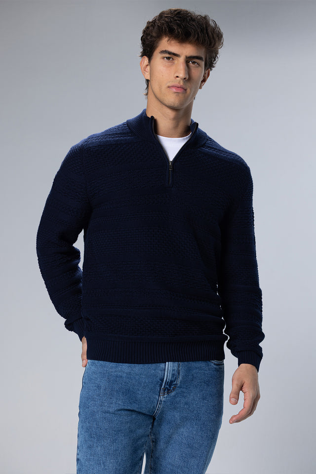 Patterned Cotton Half-Zip Pullover – Navy
