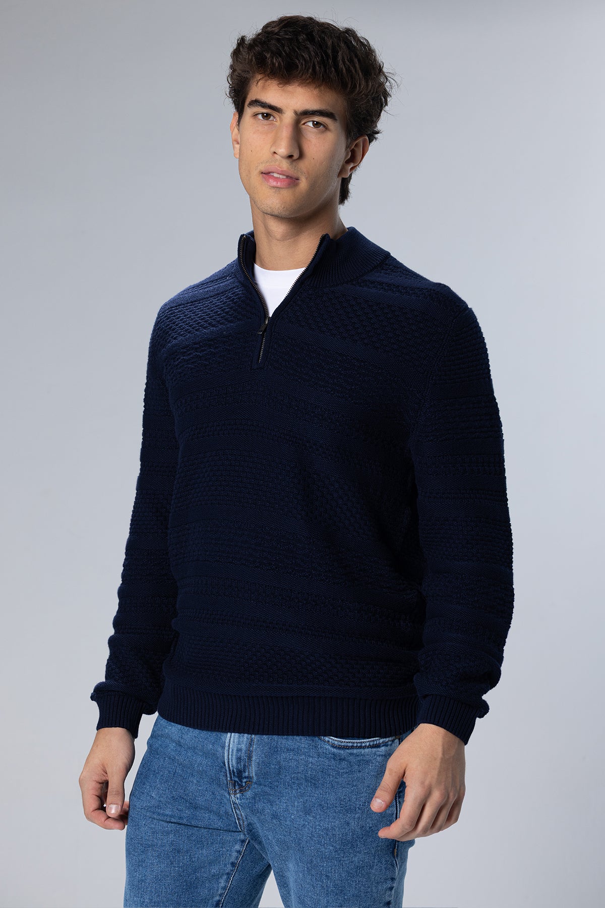 Patterned Cotton Half-Zip Pullover – Navy – Navy – image 3