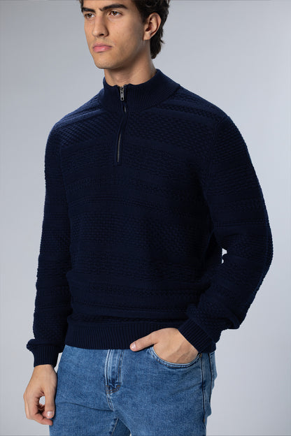 Patterned Cotton Half-Zip Pullover – Navy – Navy – image 4