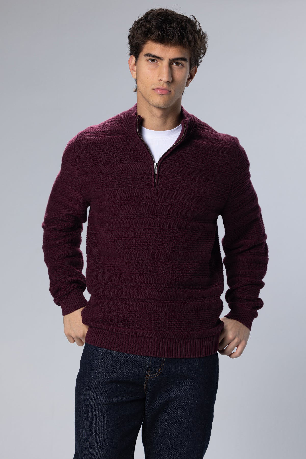 Patterned Cotton Half-Zip Pullover – Burgundy – Burgundy – image 1