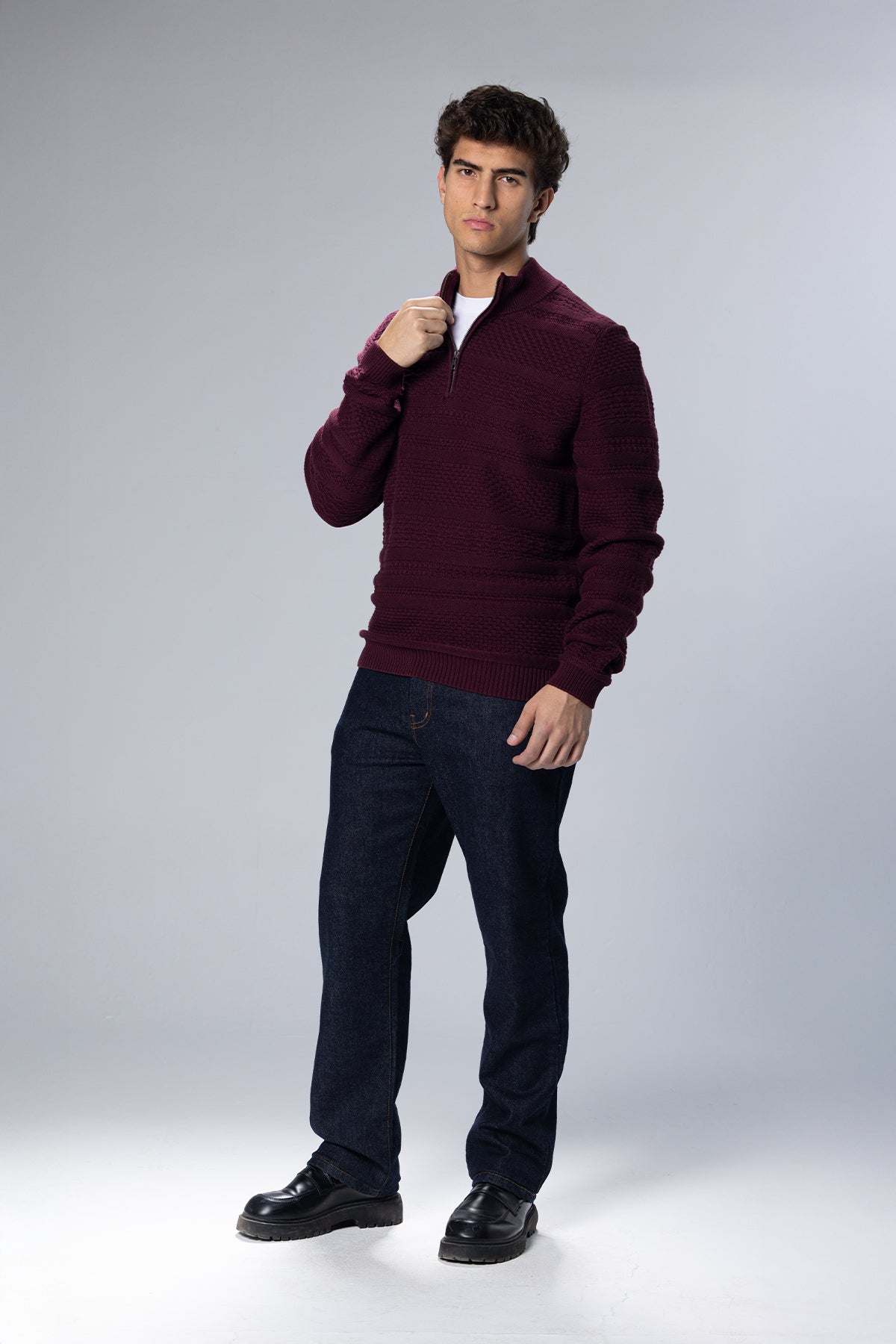 Patterned Cotton Half-Zip Pullover – Burgundy – Burgundy – image 2