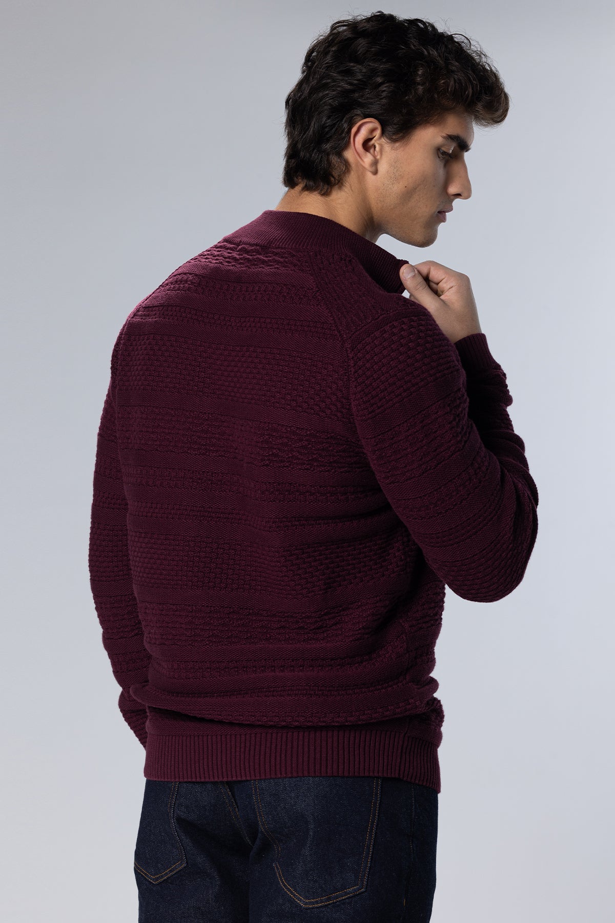 Patterned Cotton Half-Zip Pullover – Burgundy – Burgundy – image 3