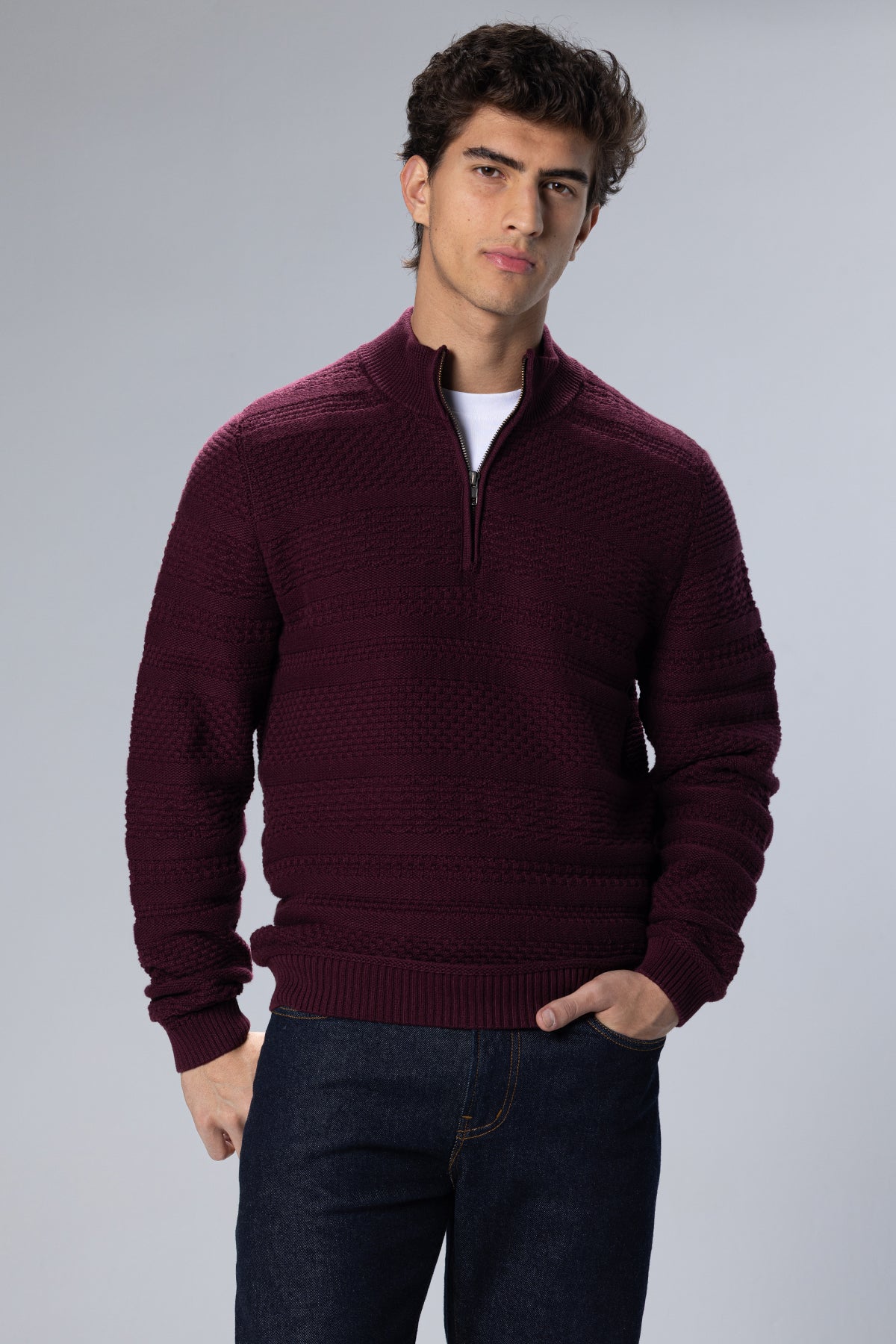 Patterned Cotton Half-Zip Pullover – Burgundy – Burgundy – image 4
