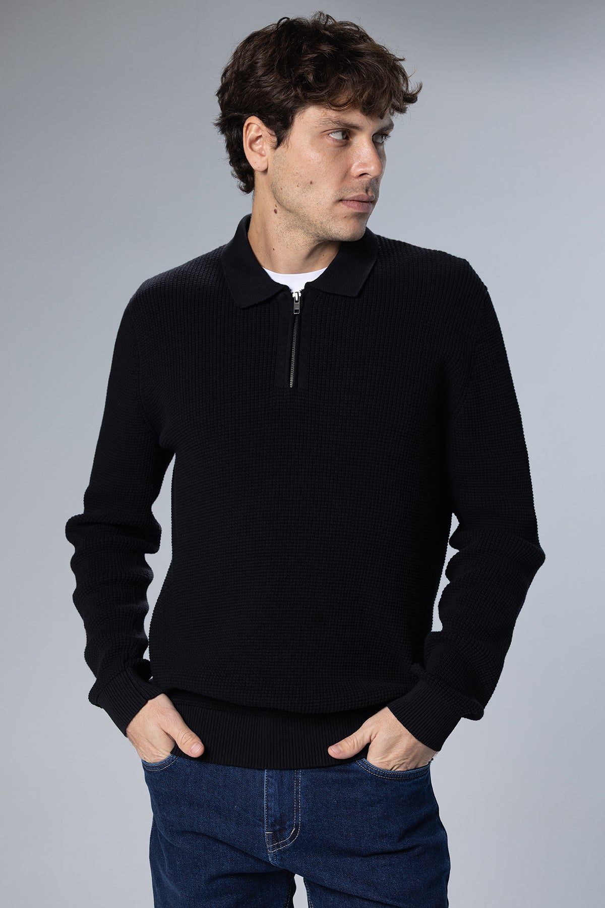 Textured Half-Zip Polo Pullover – Black – Black – image 1