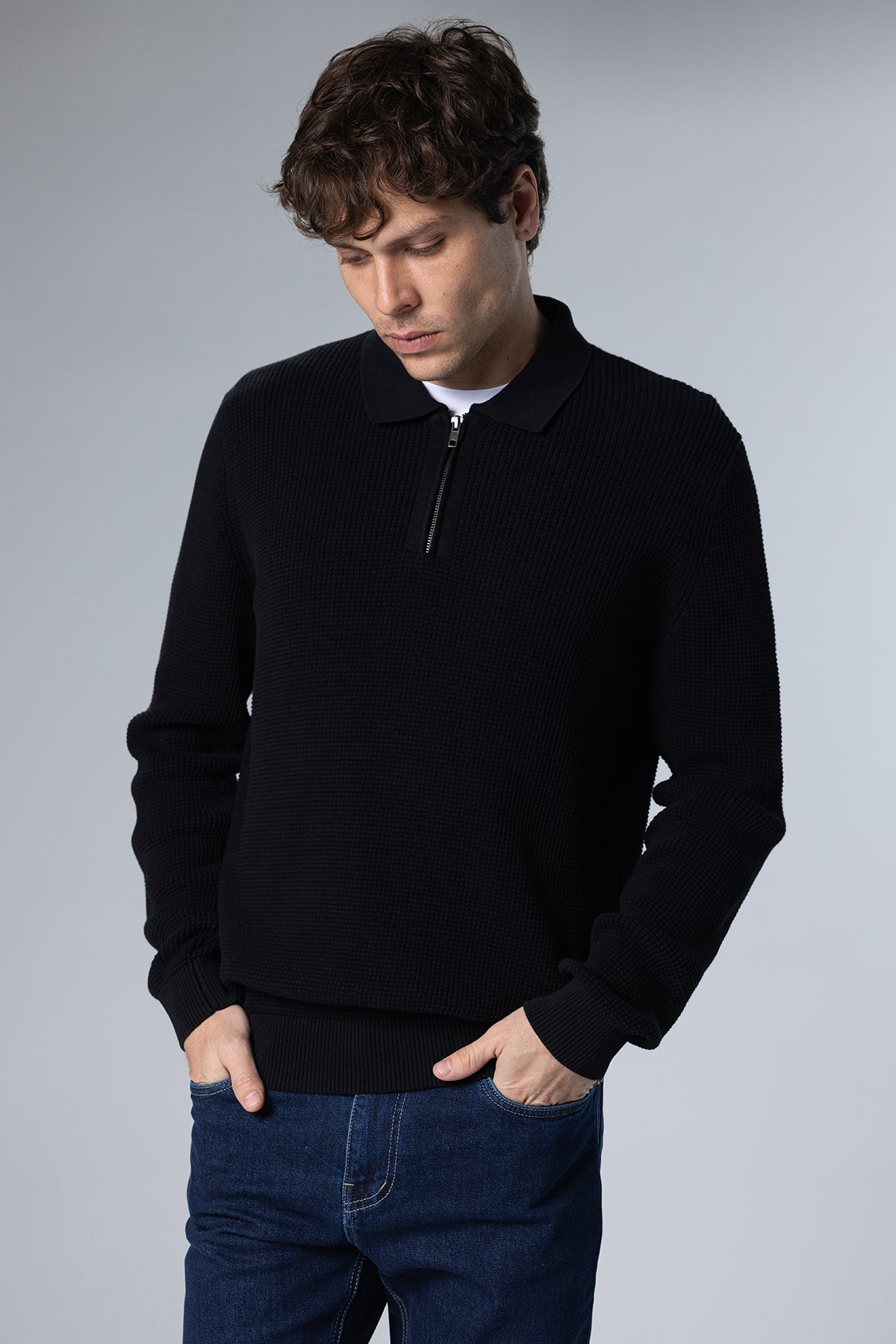 Textured Half-Zip Polo Pullover – Black – Black – image 2