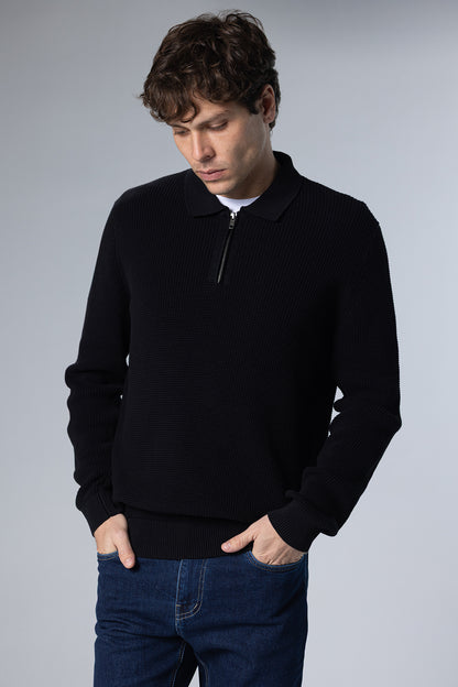 Textured Half-Zip Polo Pullover – Black – Black – image 2