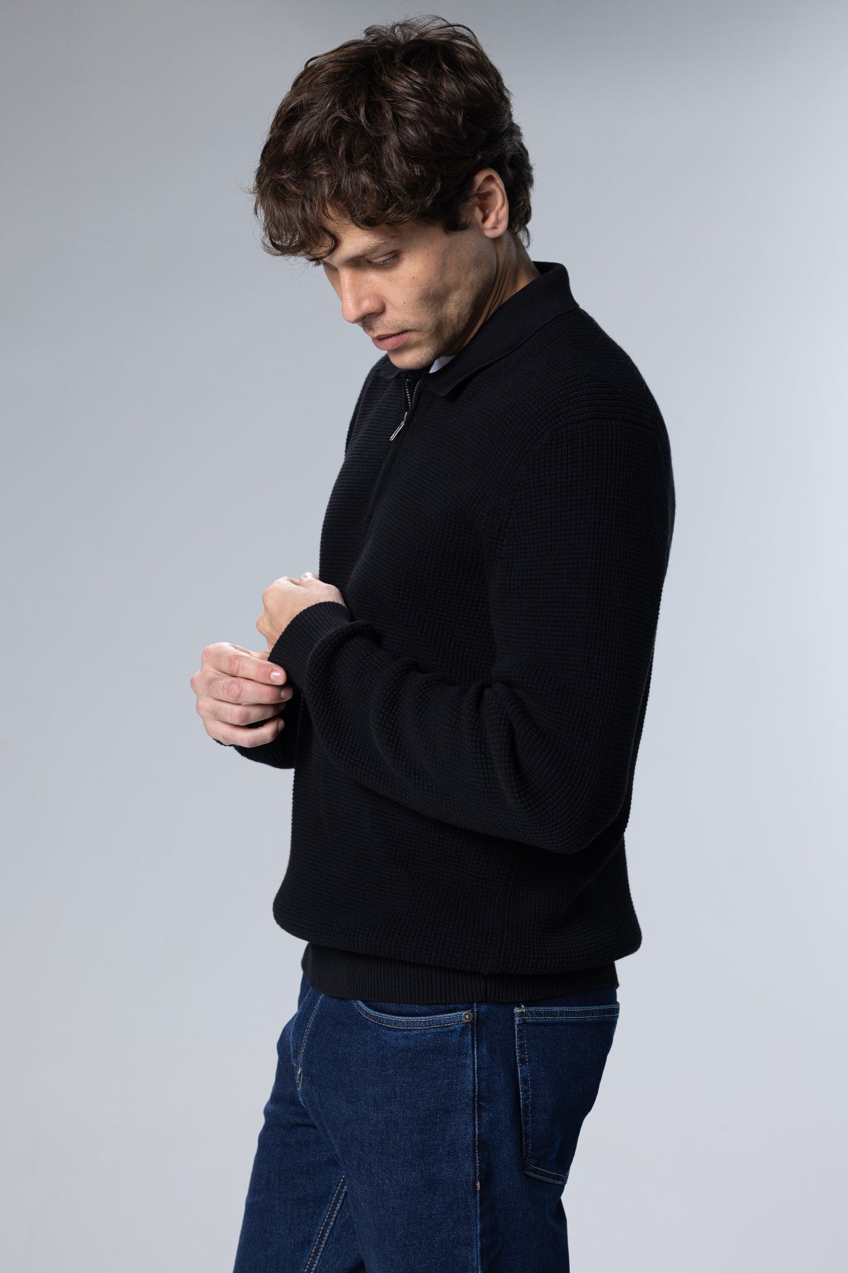 Textured Half-Zip Polo Pullover – Black – Black – image 3