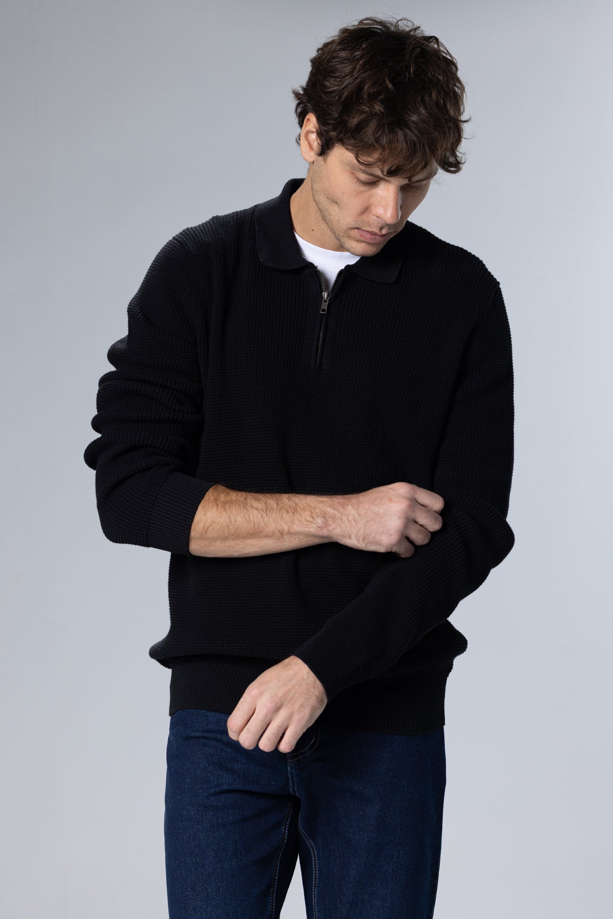 Textured Half-Zip Polo Pullover – Black – Black – image 4