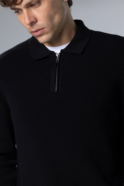 Textured Half-Zip Polo Pullover – Black – Black – image 5
