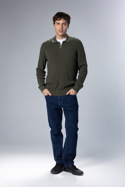 Textured Half-Zip Polo Pullover – Olive Green – Olive Green – image 1