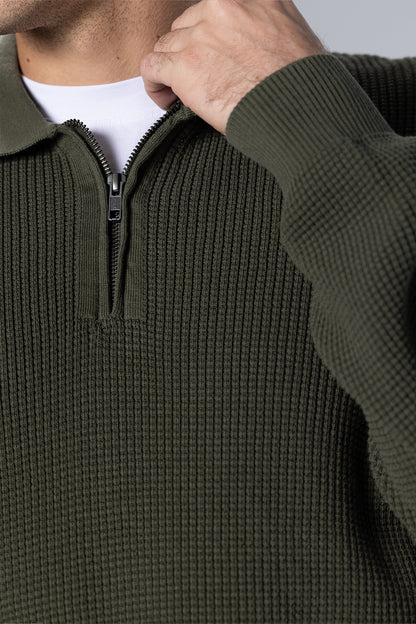 Textured Half-Zip Polo Pullover – Olive Green – Olive Green – image 5